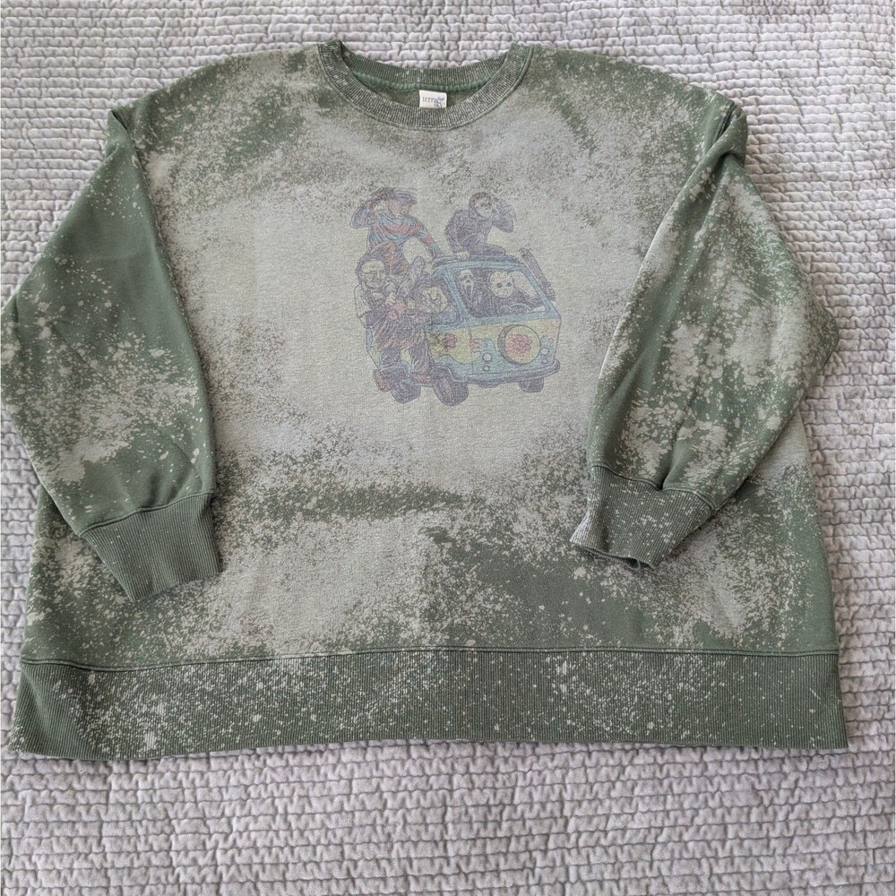 Terra & Sky 2X Horror Icons Sweatshirt Freddy Jason Ghostface Acid Wash Green
